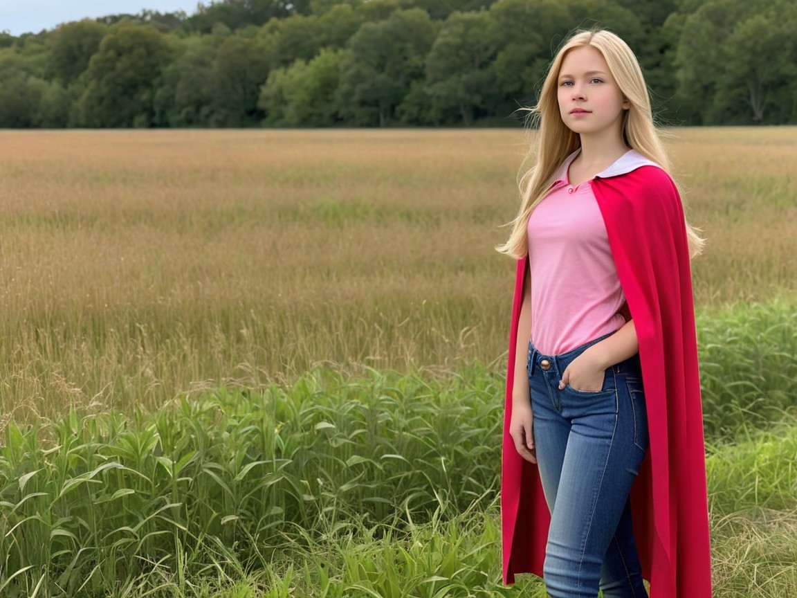 Young Person in Pink Shirt and Red Cape in Field