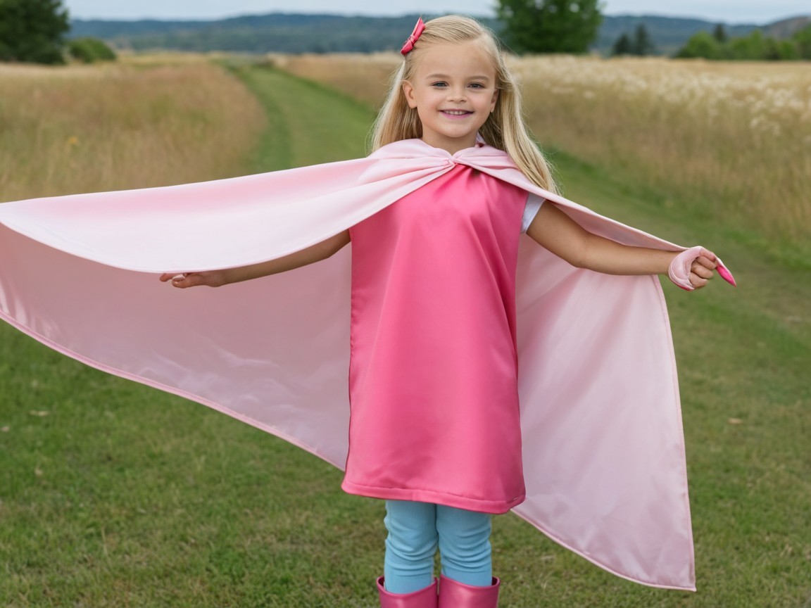 Cheerful girl in pink superhero cape in grassy field