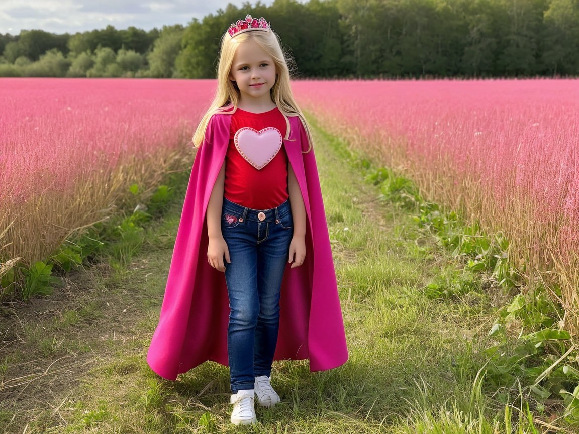 Young girl in pink field with vibrant attire and tiara