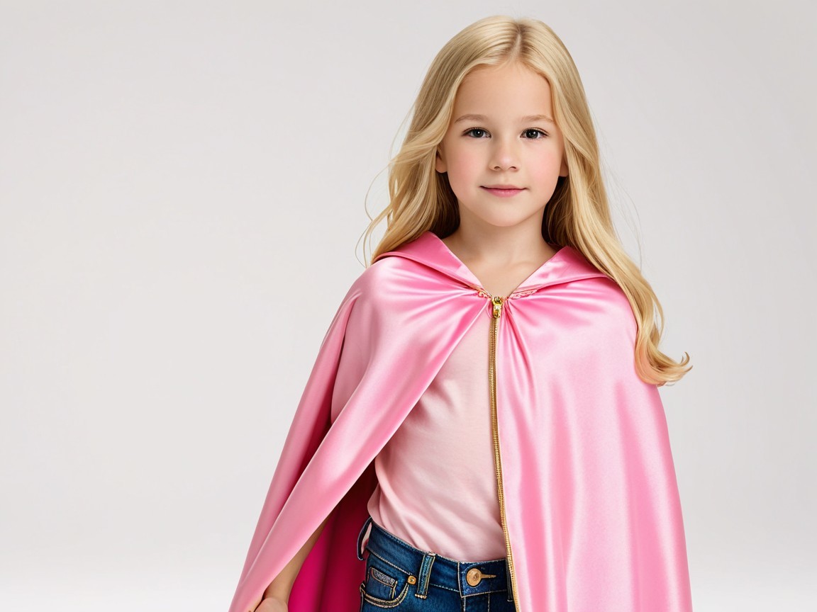 Young girl in pink cape with blonde hair and smile