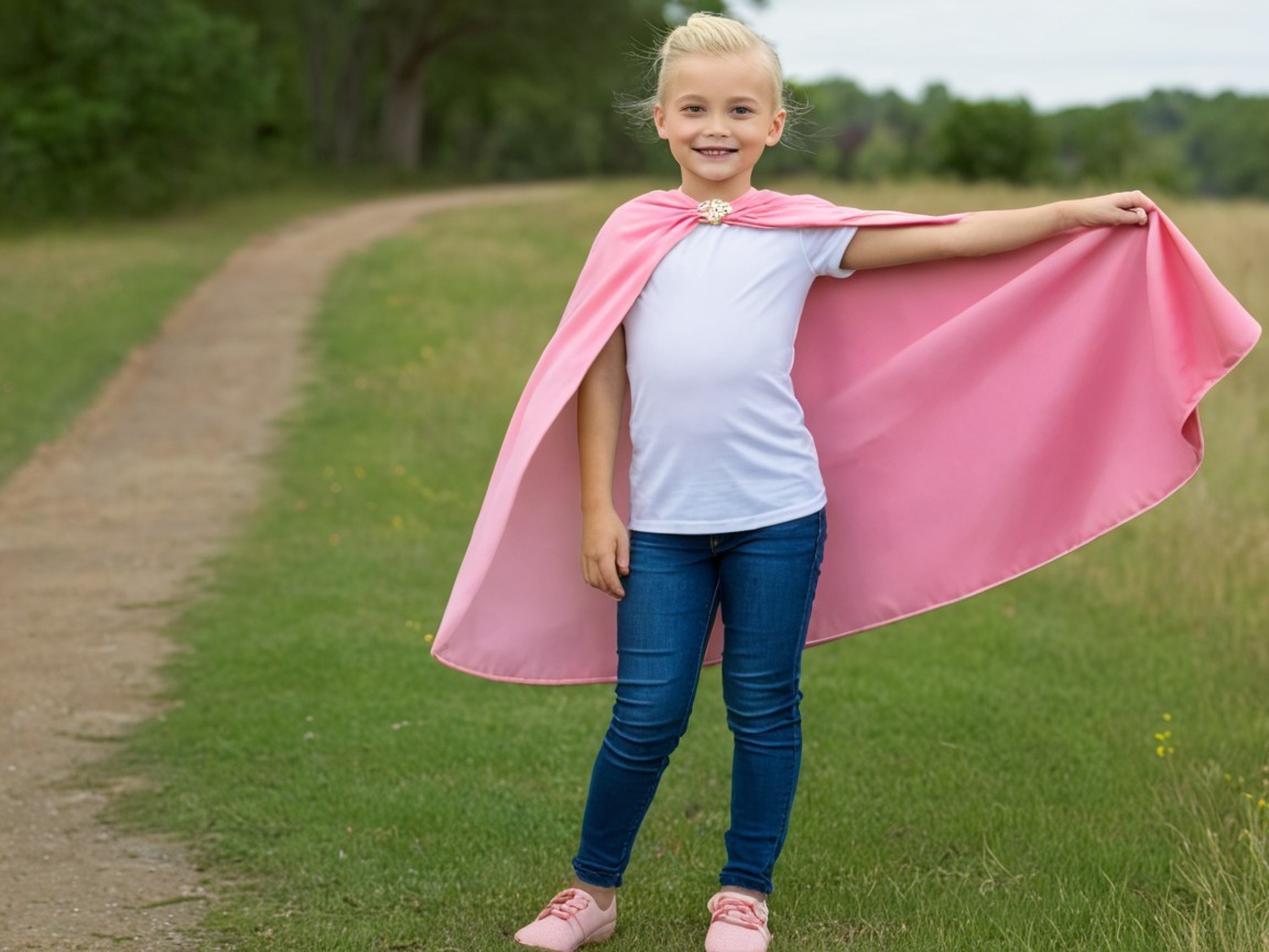 Young girl in pink cape on grassy path with smile