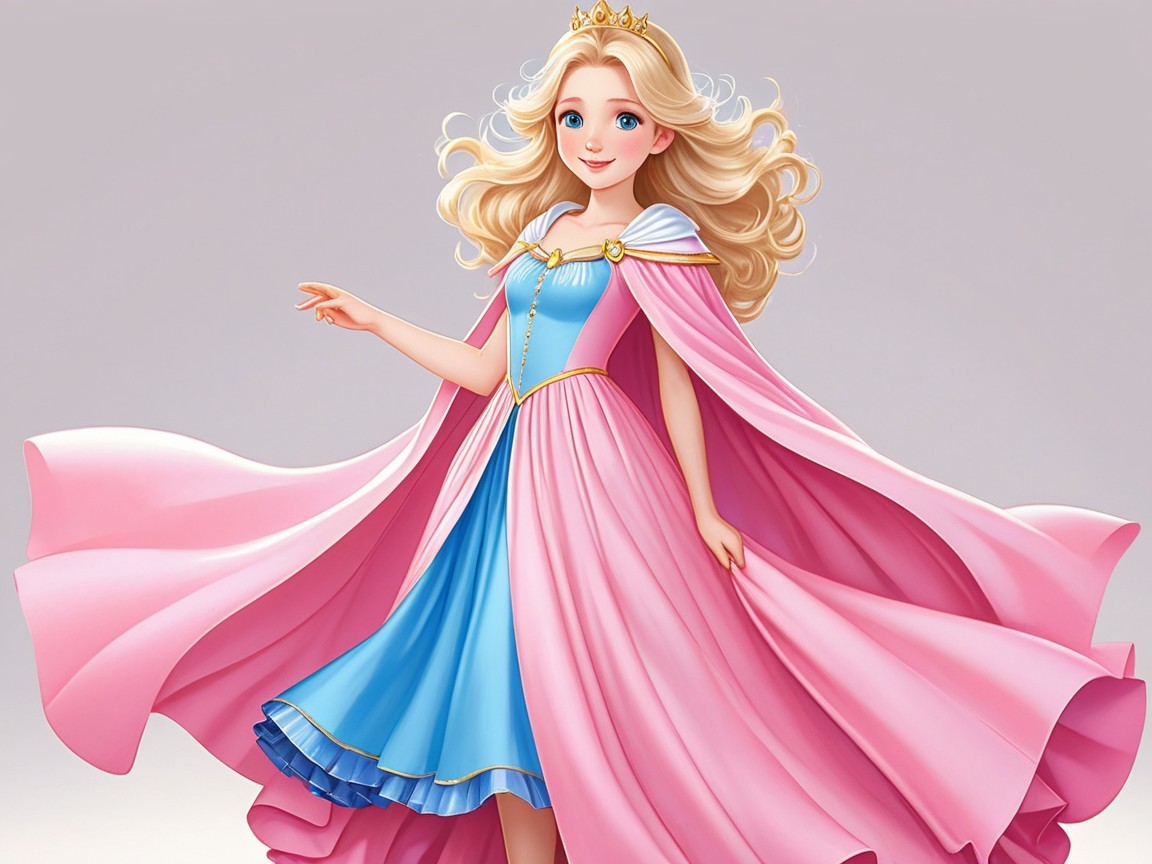 Animated princess in pink and blue gown with crown