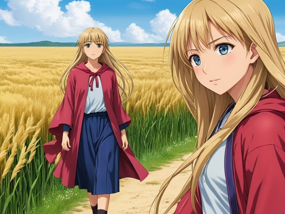Girl in Red Cape Walking Through Golden Fields