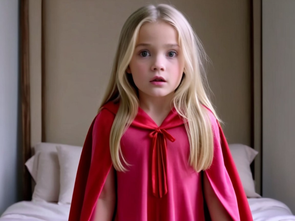 Young girl in red cloak with surprised expression
