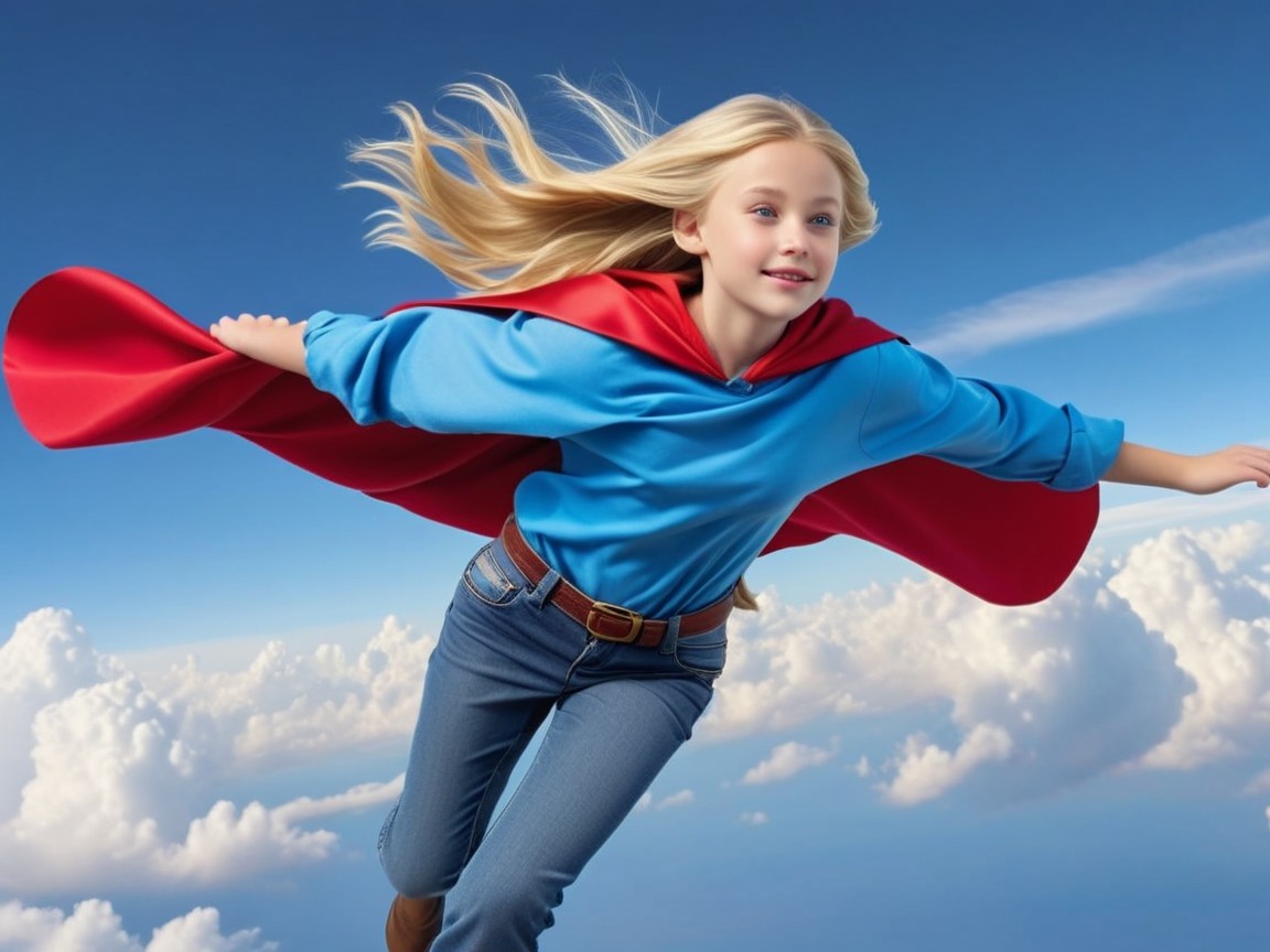 Young girl in blue shirt and red cape flying in sky
