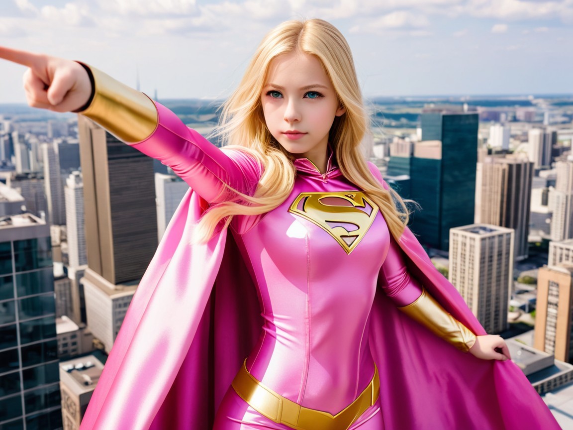 Supergirl-like Character in Shimmery Pink Bodysuit