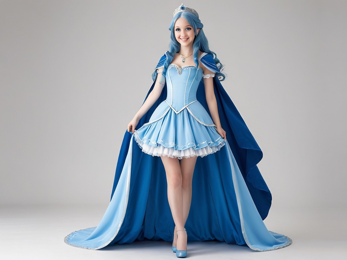 Young woman in elegant blue dress with cape and tiara