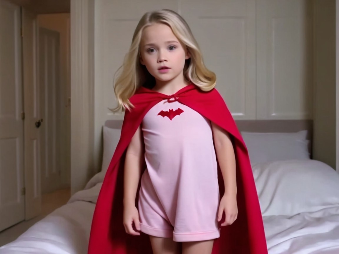 Child in Superhero Outfit on Bed in Cozy Room