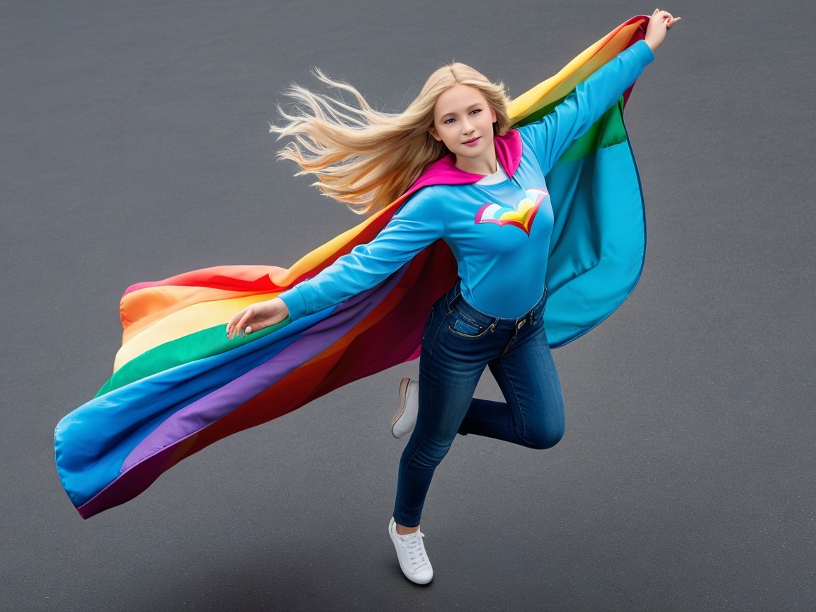 Young girl in rainbow cape leaps joyfully in blue hoodie