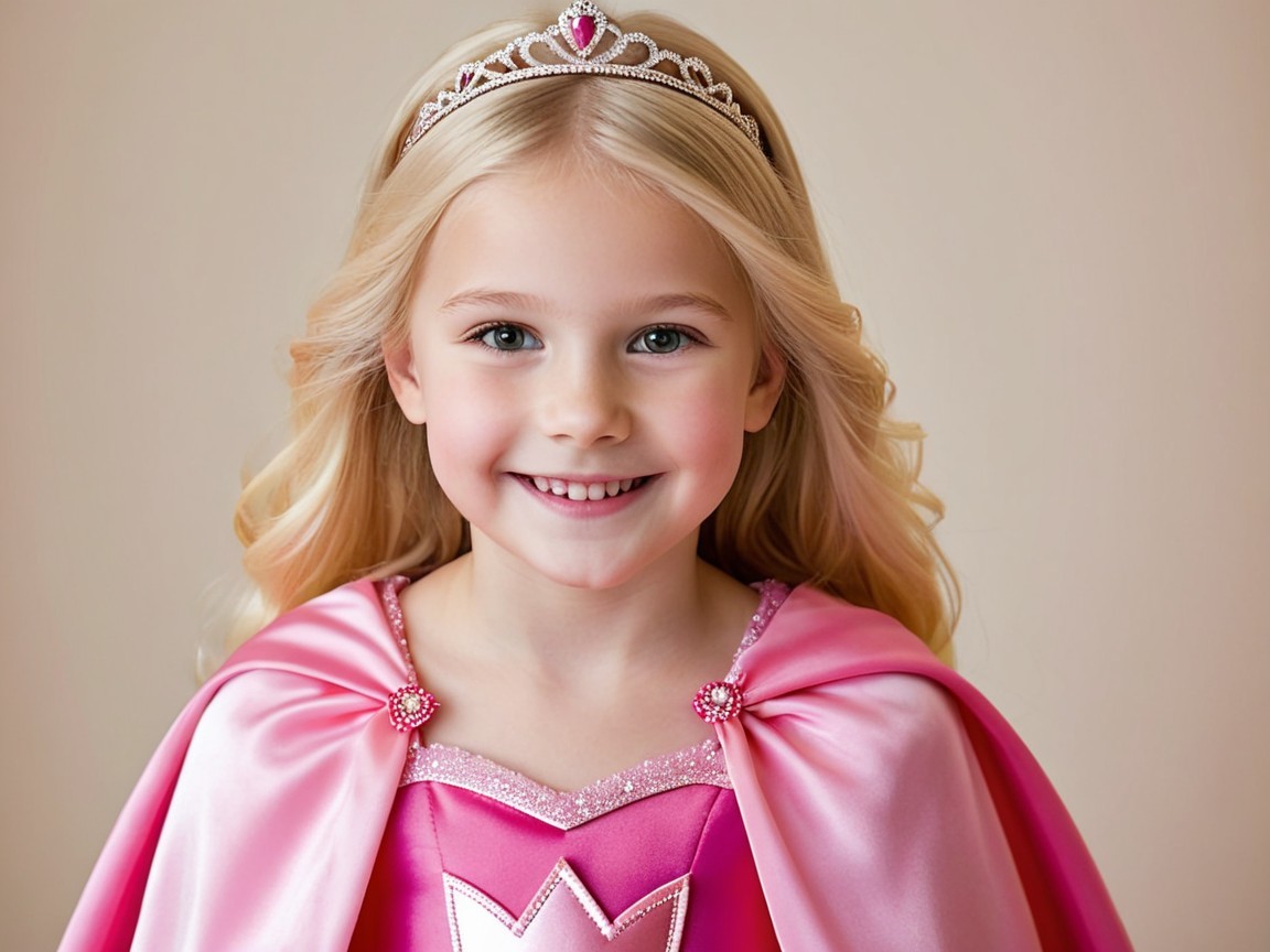 Young girl in pink princess dress with tiara and smile