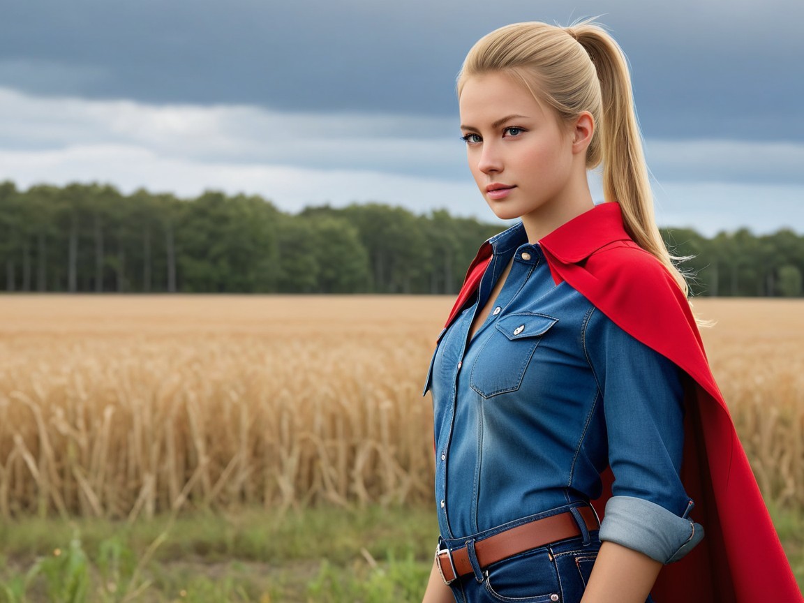 Young woman in denim shirt and red cape in field