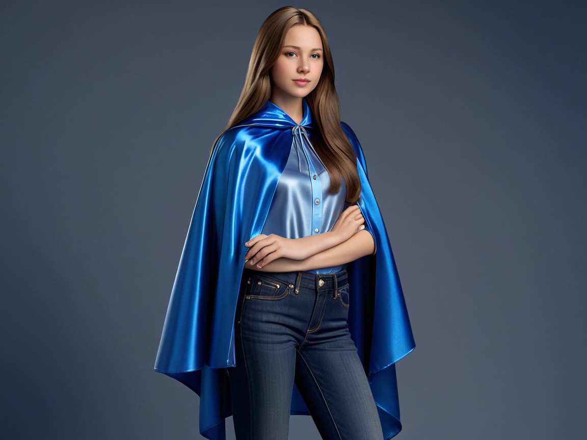Young girl in shiny blue cape and modern outfit