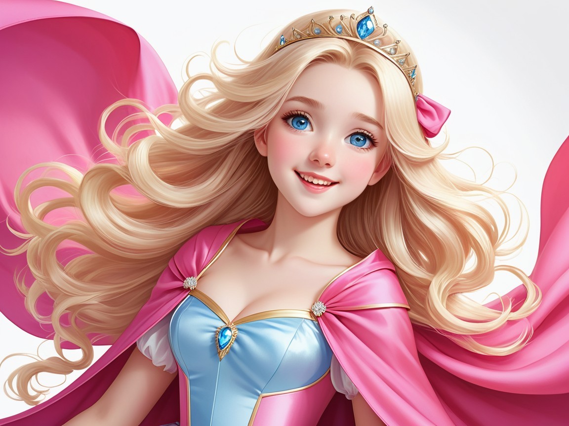 Cheerful young princess in vibrant gown and crown