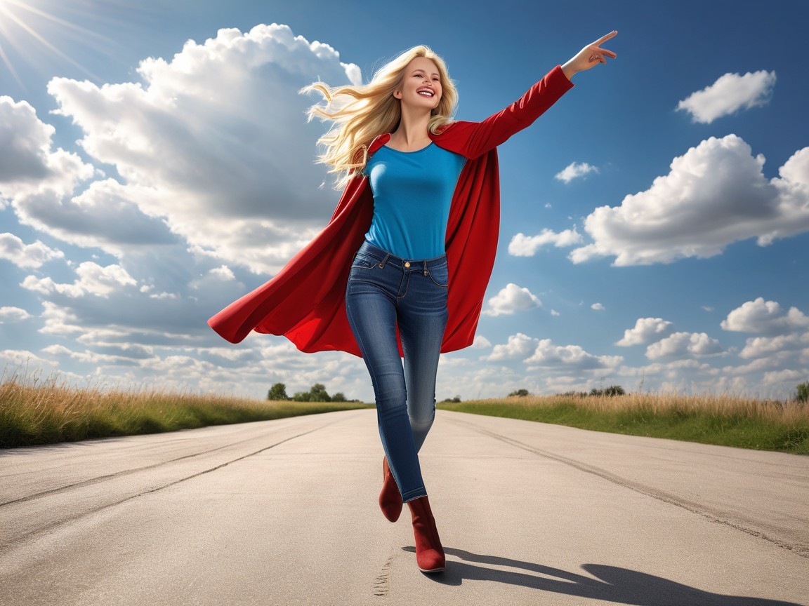 Joyful woman in red coat on country road with clouds