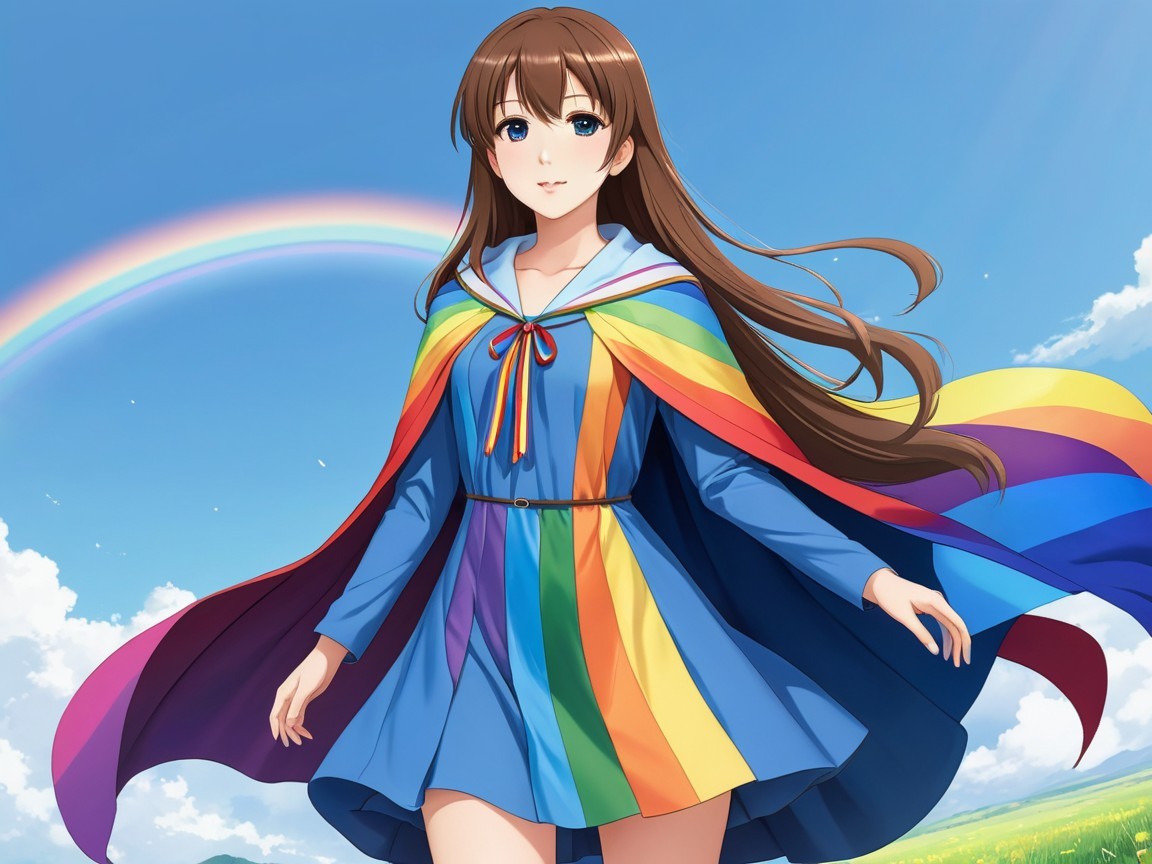 Young woman in rainbow cape against colorful backdrop