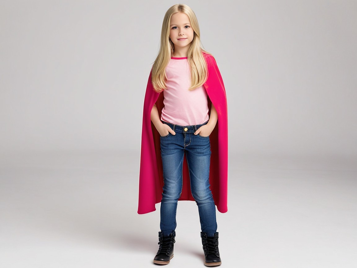 Young girl in pink cape and blue jeans with boots