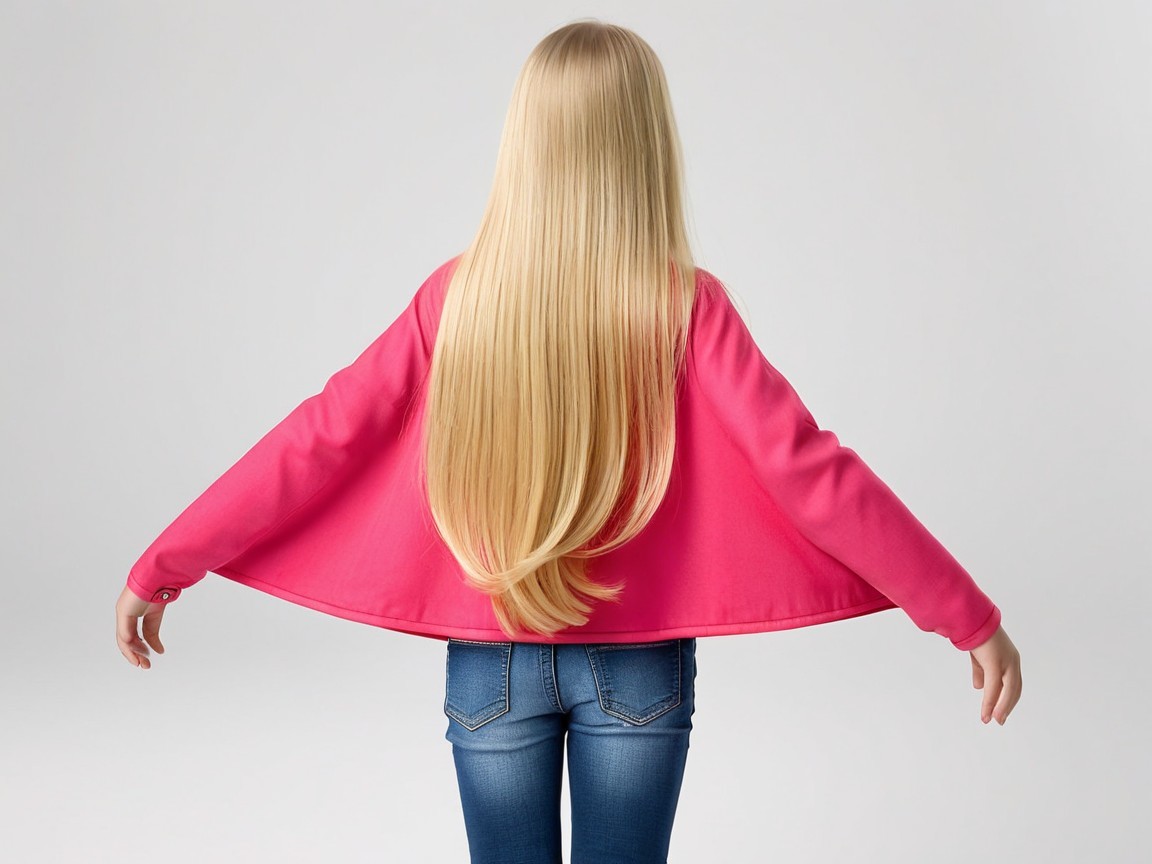 Young girl in pink sweater with long blonde hair