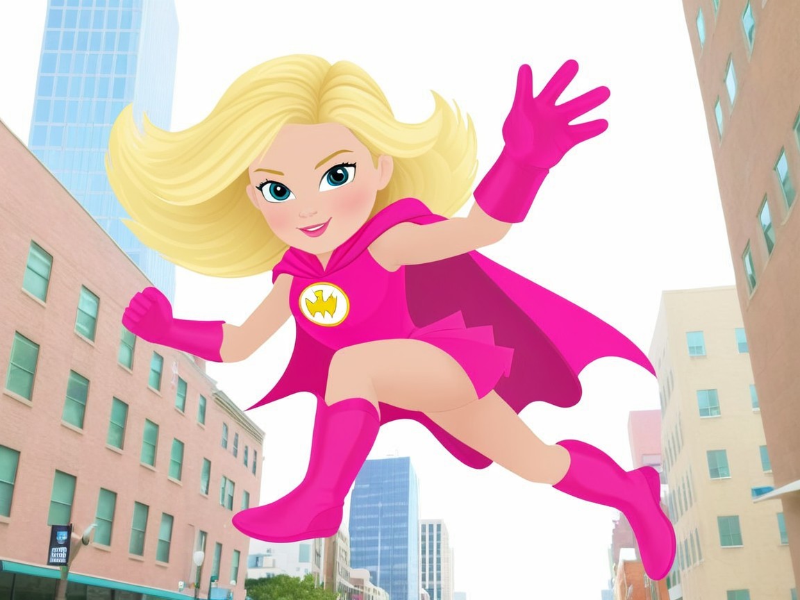 Cheerful Superheroine in Vibrant Pink Costume Soaring