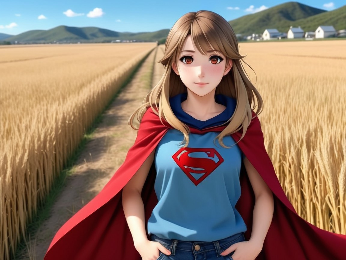 Young woman in wheat field with blue sky and cape