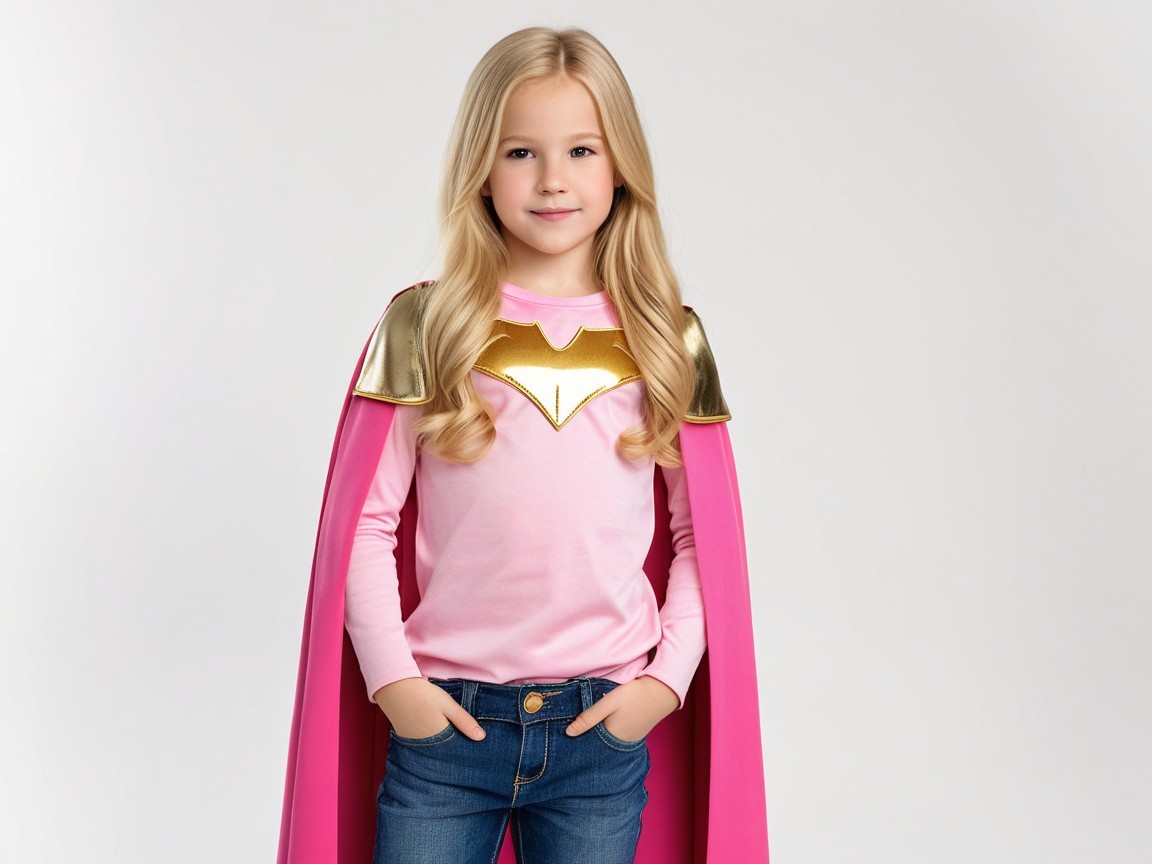 Young girl in playful superhero outfit with cape