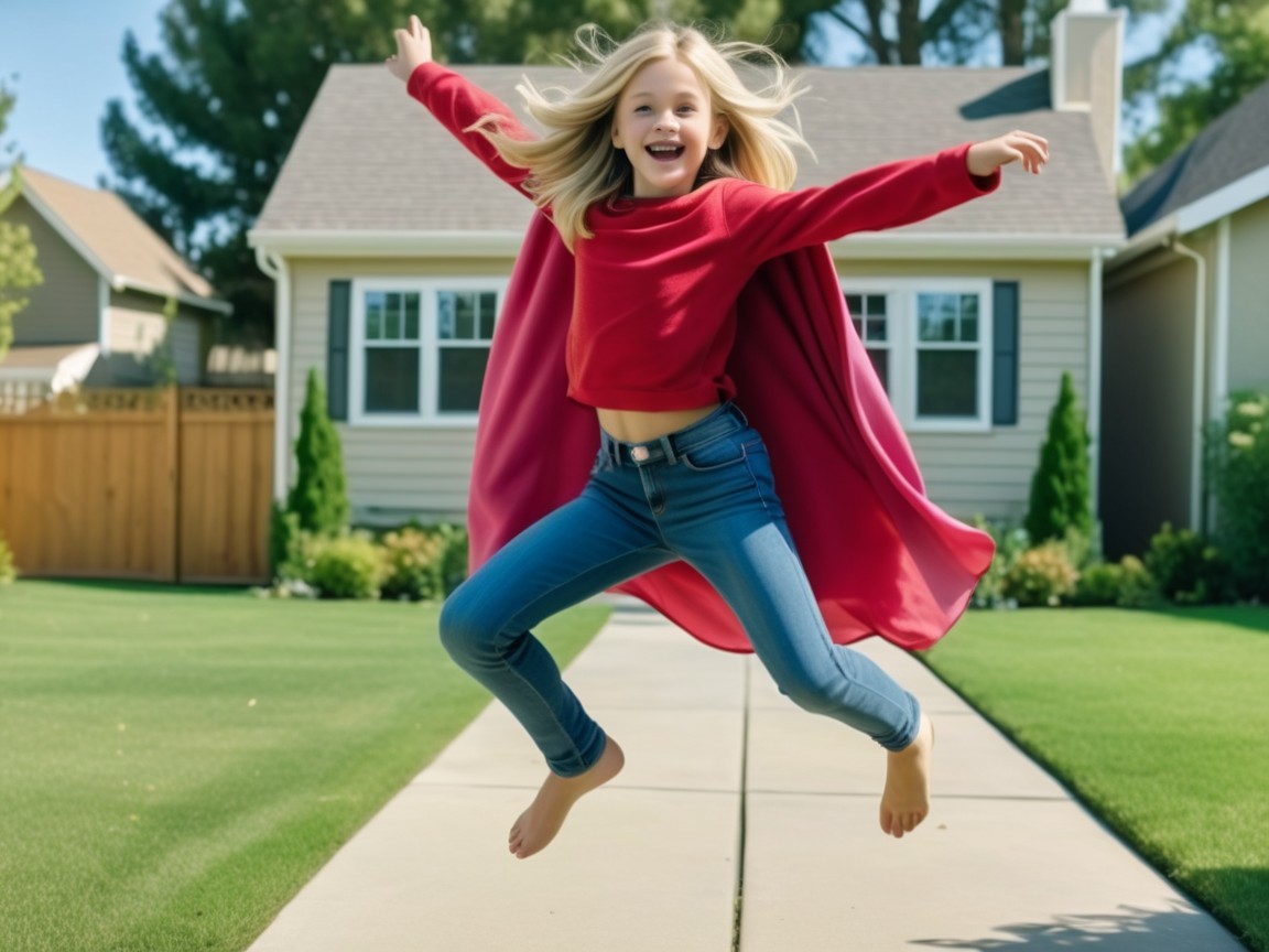 Young girl in red sweater leaps on suburban lawn