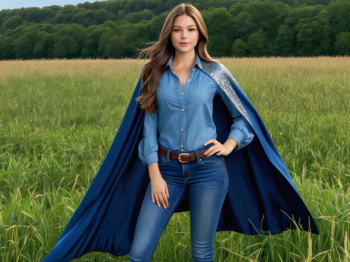 Young woman in denim with navy cape in green field