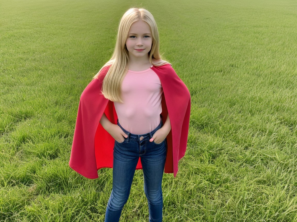 Young girl in pink shirt and red cape in grassy field
