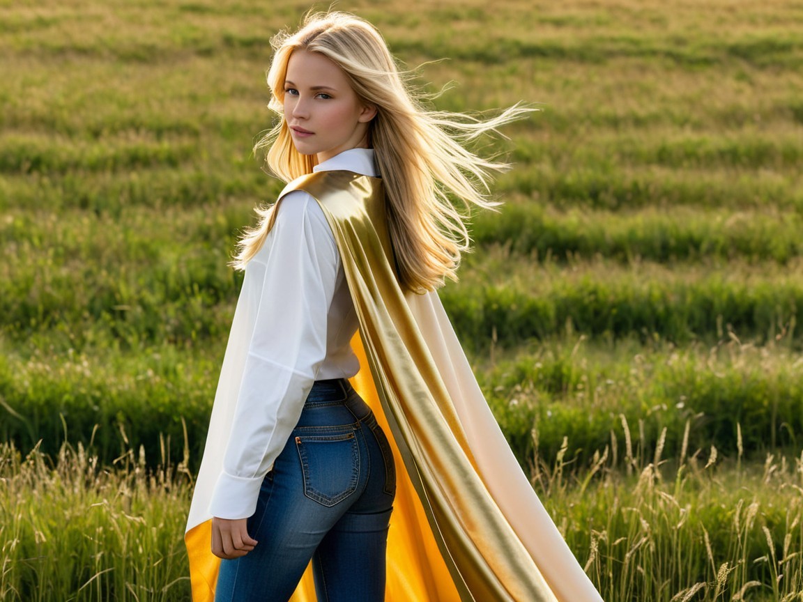 Young woman in a field with blonde hair and cape