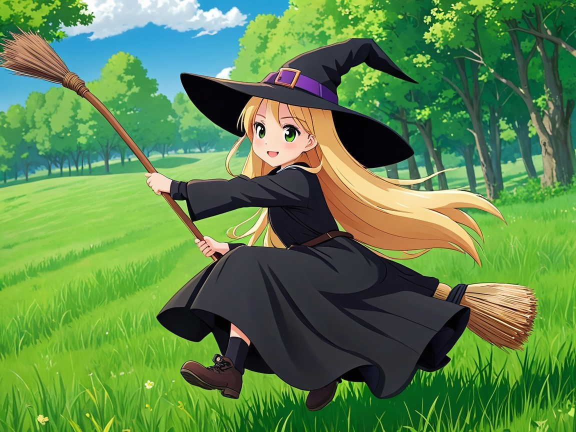 Cheerful young witch riding broomstick in green landscape