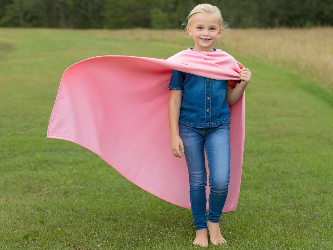 Young girl in denim outfit with pink cape outdoors