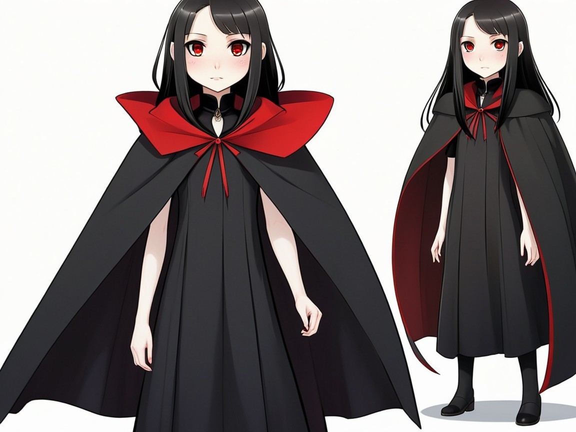 Young character in gothic black dress and cape