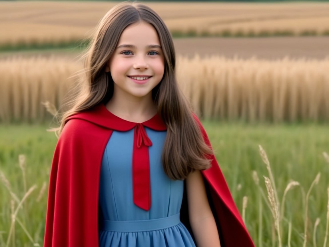 Young girl in blue dress and red cape in field