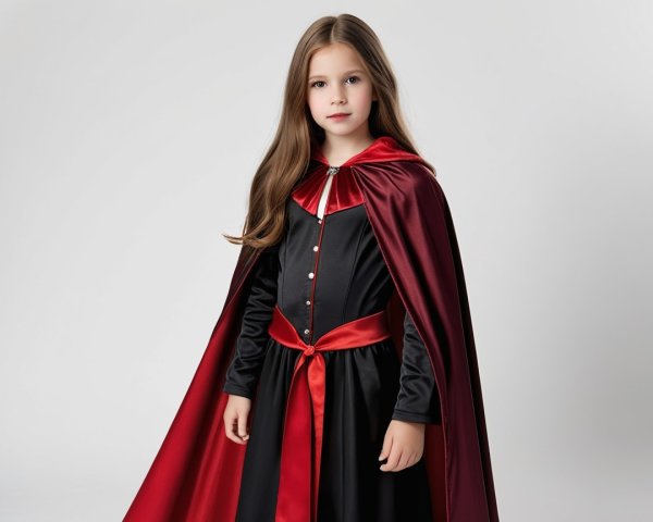 Young girl in black dress with red satin cape