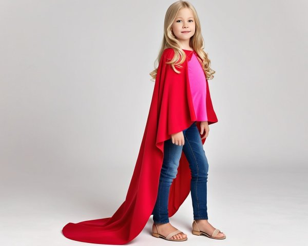 Young girl in pink top and red cape with jeans