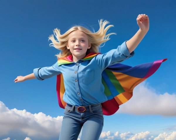 Young girl in rainbow cape against blue sky