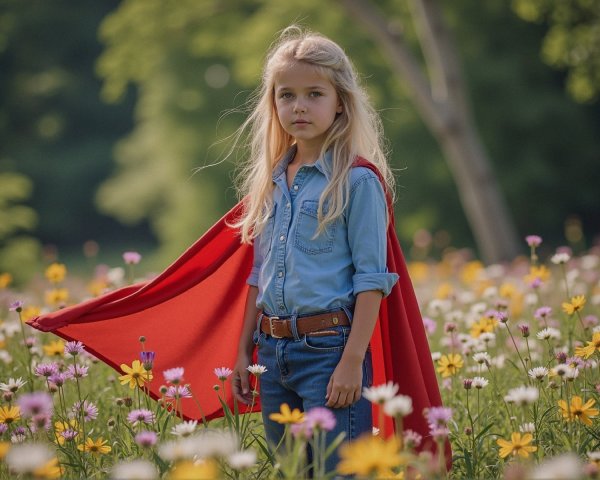 Young girl in wildflower field with superhero cape
