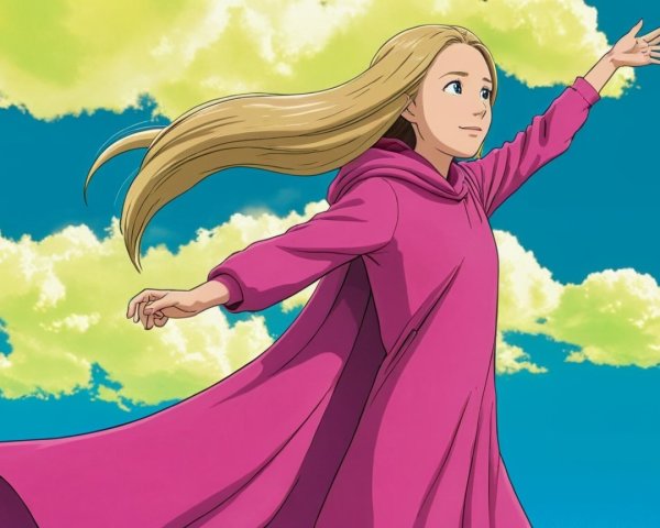 Young girl in pink cloak against blue sky and clouds