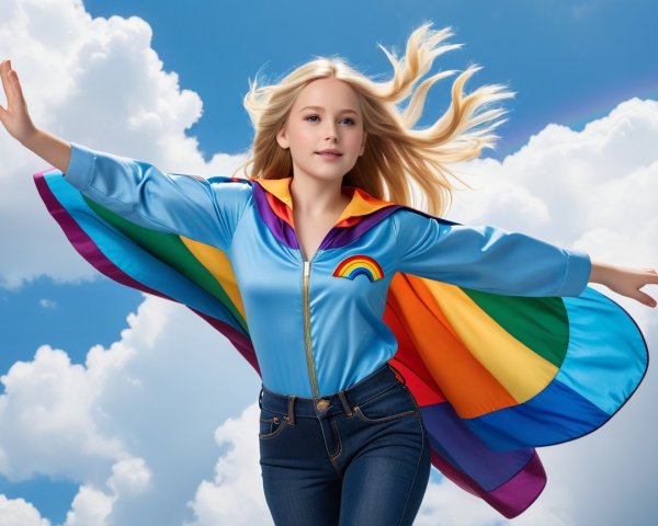 Young girl in blue jacket with rainbow design outdoors