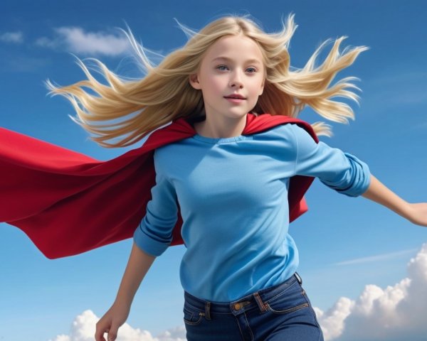 Young girl in blue shirt and red cape against sky