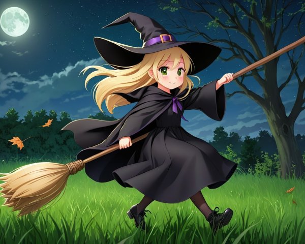 Young witch flying over a field under a full moon
