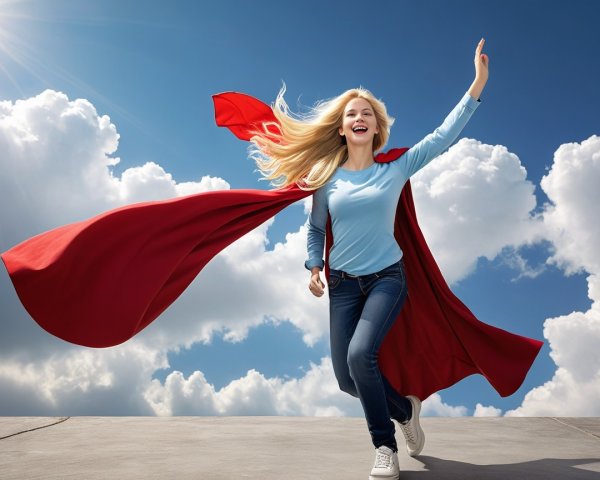 Joyful woman in blue sky with flowing red cape