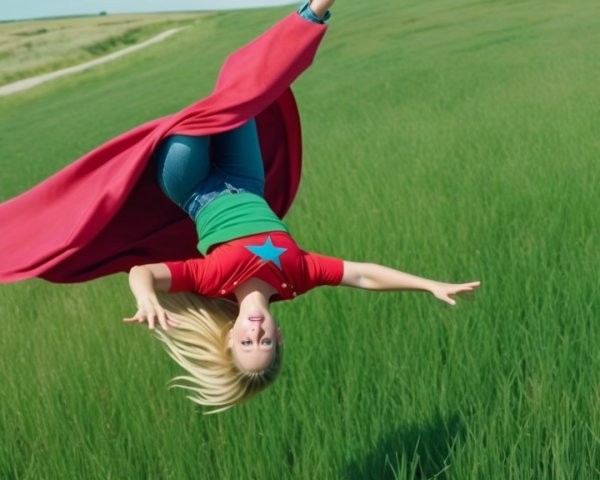 Young woman in red cape playing in open field