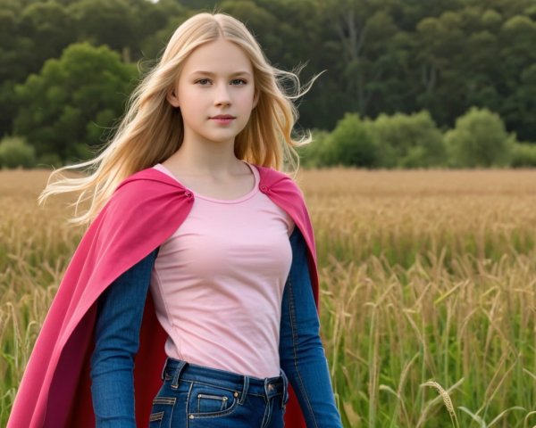 Young girl in golden field with flowing pink cape