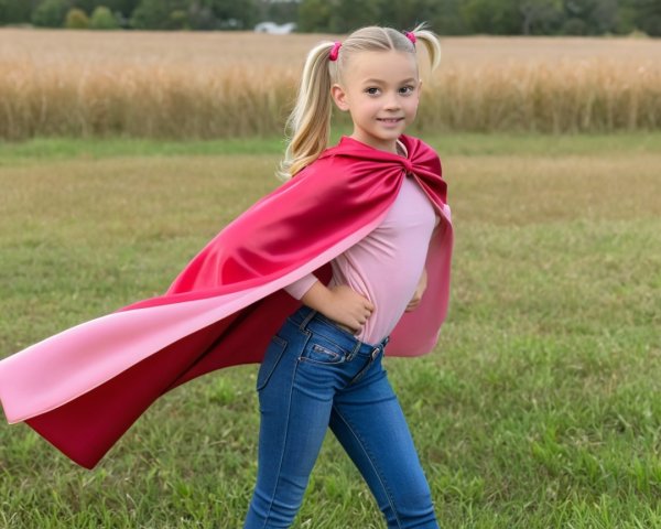 Young girl in pink cape poses in grassy field