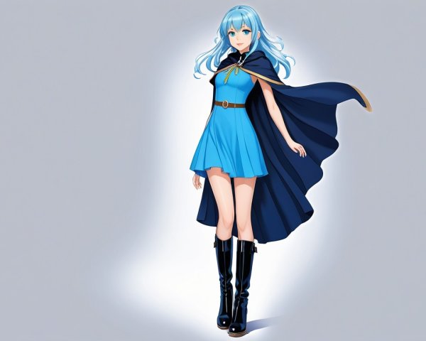Young girl in blue dress and dark cape with boots
