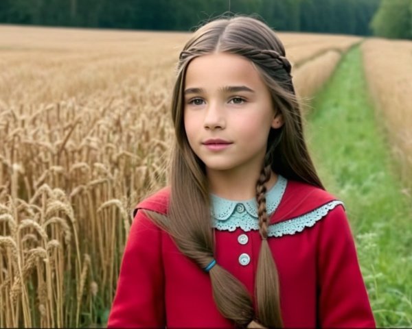 Young girl in red dress in golden wheat field