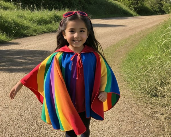 Young girl in rainbow cape walking on gravel path