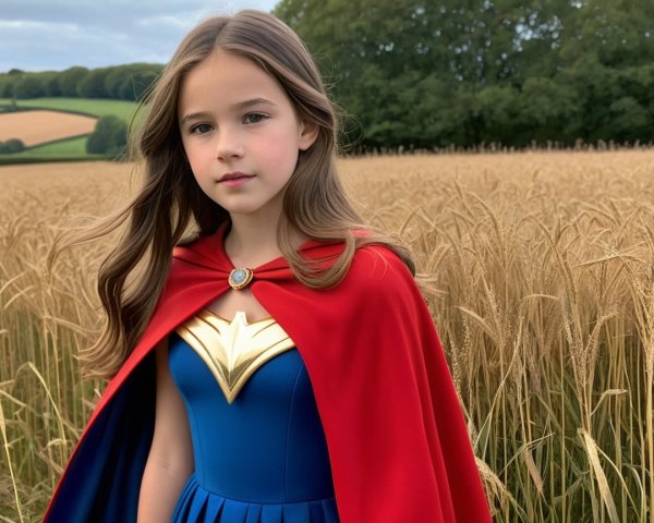 Young girl in blue dress and red cape in wheat field