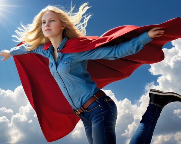 Young woman in red cape flying through blue sky