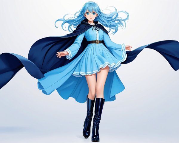 Young woman in blue attire with flowing hair and cloak